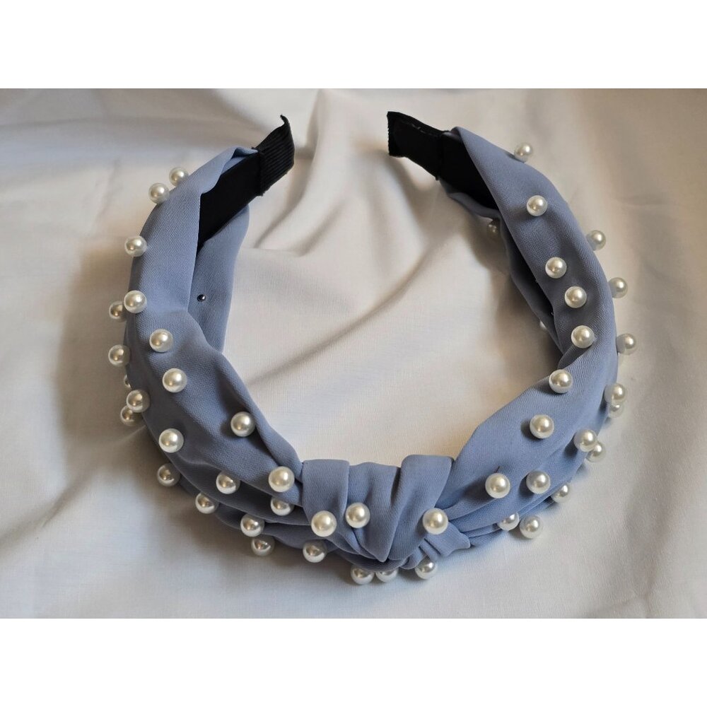 Elegant Blue Faux Pearl Embellished Knotted Headband Hair Accessory